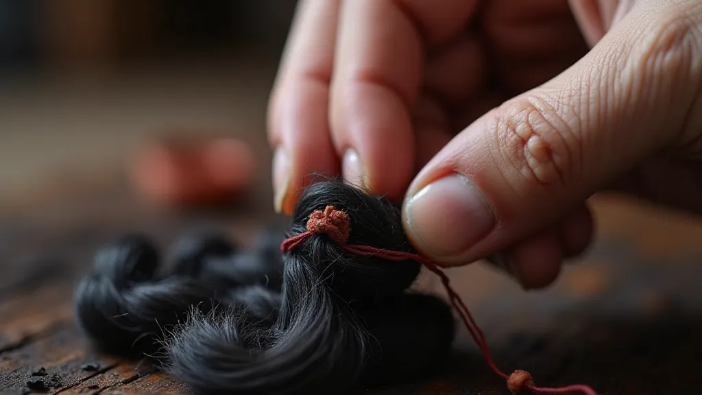 Craftsman weaving crimson silk into hair bracelet
