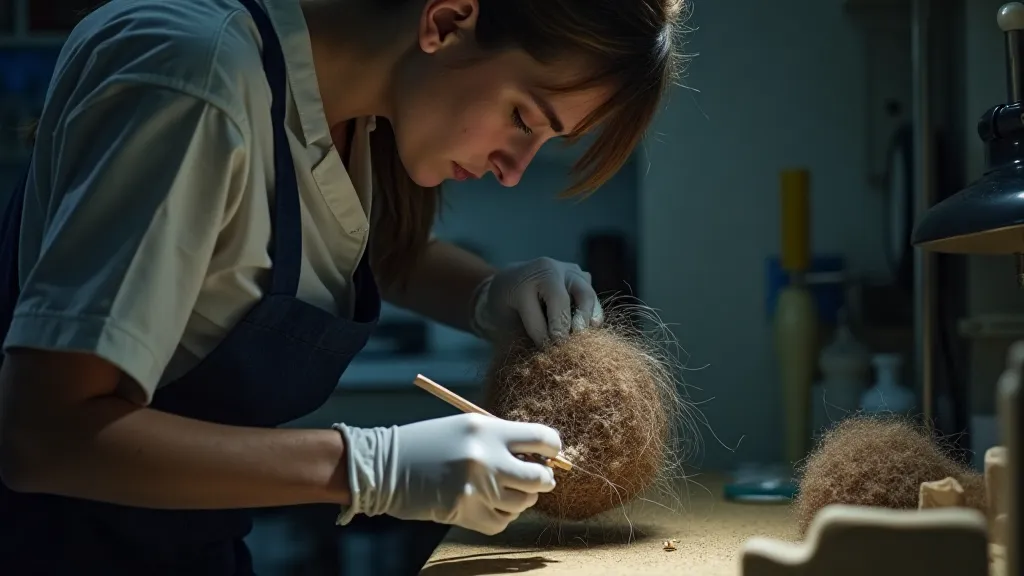 Conservator working on a Victorian hair art piece